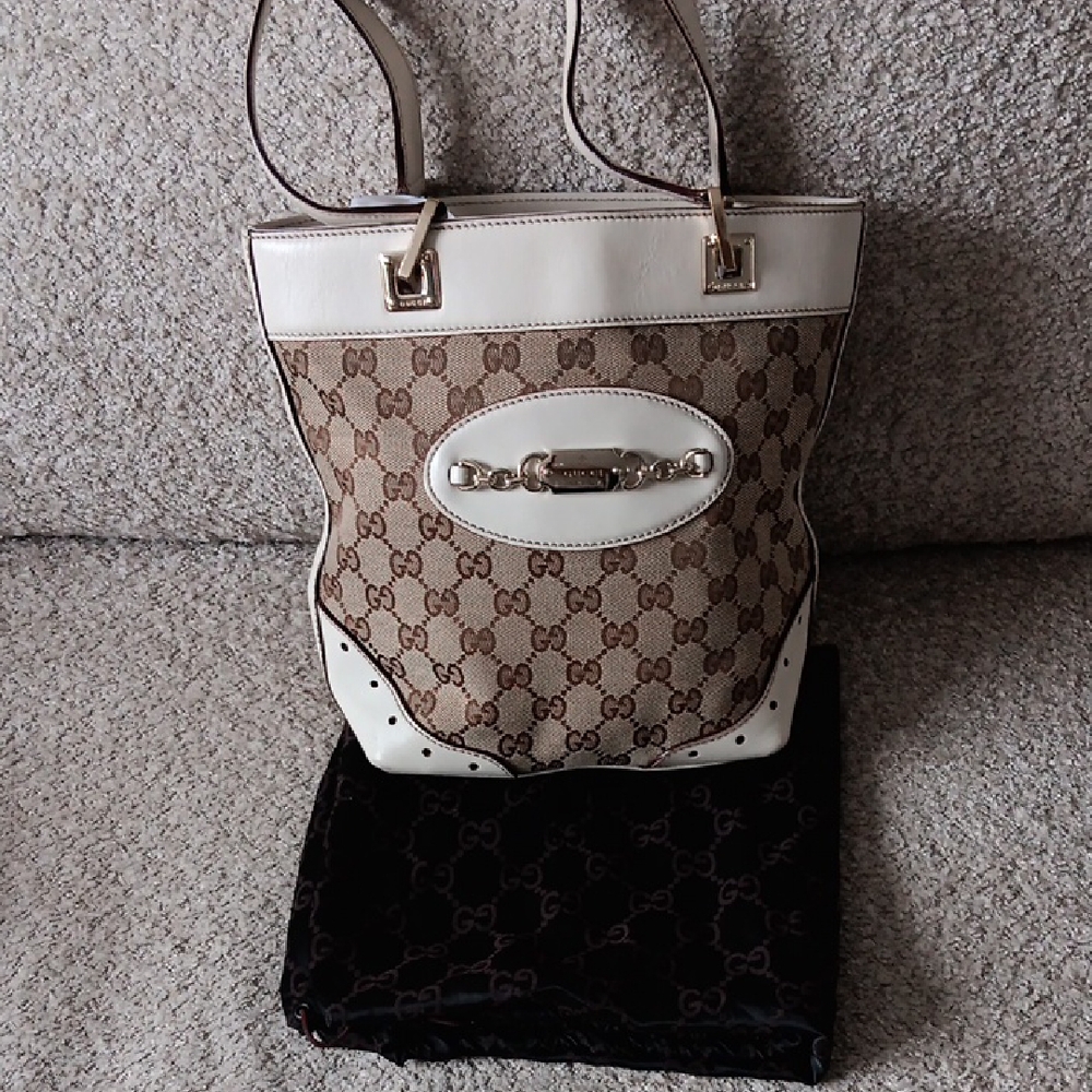 Gucci Brown Monogram Tote with White Trim